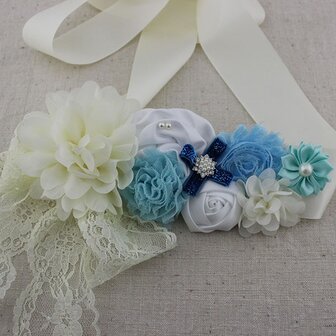  Handgemaakte Luxe Rose Garden Vintage Colorful Ivory White Blue Ceintuur + bijpassende haarband