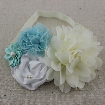  Handgemaakte Luxe Rose Garden Vintage Colorful Ivory White Blue Ceintuur + bijpassende haarband