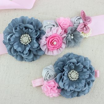   Handgemaakte Luxe Rose Garden Vintage Colorful Gray Pink Ceintuur + bijpassende haarband