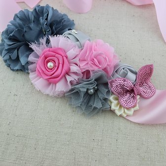   Handgemaakte Luxe Rose Garden Vintage Colorful Gray Pink Ceintuur + bijpassende haarband