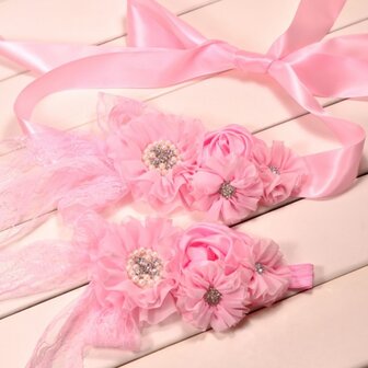 **Handgemaakte Luxe Lace Rose Garden Pink Ceintuur + bijpassende haarband
