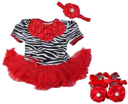 3 delige set Baby Zebra red Rossettes Bodysuit Pettidress 