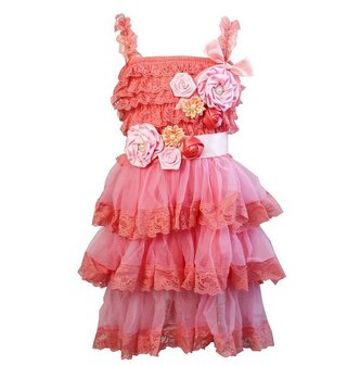 2 delige Chiffon Pettidress Feestjurk De Luxe Koraal pink Gorgeous Crystal Rosettes + Riem  