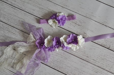 ** Hydrangea Flower Sash/ riem +  Headband  Lavendel
