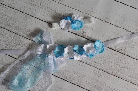 ** Hydrangea Flower Sash/ riem +  Headband Aquablue White