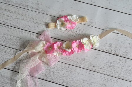 ** Hydrangea Flower Sash/ riem +  Headband Cream Pink