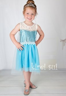 Elsa Frozen Jurk met Glitters &amp; kant + bijpassende kroon  74-122