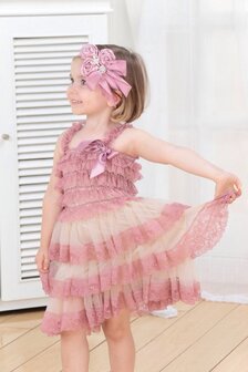    2 delige Pettidress Feestjurk De Luxe Dustypink met Riem &amp; haarband 