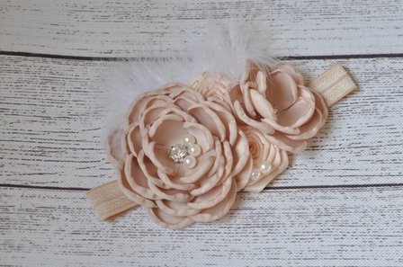    Satin Flower Matching Sparking Rhinestone Beige Haarband 