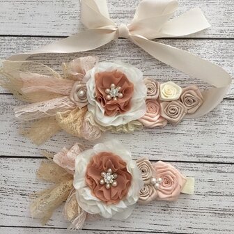   Handgemaakte Luxe Layer Flower Ceintuur Beige Ivory Camel Brown + bijpassende haarband