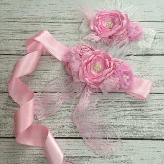   Handgemaakte Luxe Lace Flower Ceintuur Pink  + bijpassende haarband