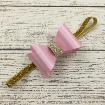 Luxe strik haarband met glitter steen goud roze