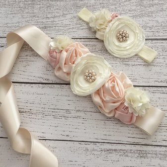   Handgemaakte Luxe Layer Flower Ceintuur Beige peach Ivory + bijpassende haarband
