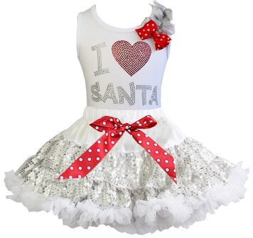 Kerst petticoat glitter zilver top I love santa 