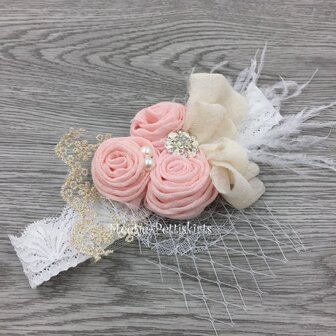 luxe couture haarband linnen bloem rossette pink