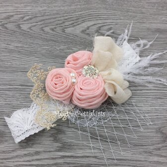 luxe couture haarband linnen bloem rossette pink