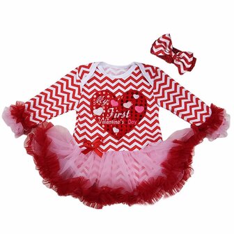 Baby jurk longsleeve My First Valentine&#039;s Day streep wit rode hart ruffle mouw