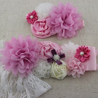 Handgemaakte Luxe Rose Garden Vintage Colorful Pink Ceintuur + bijpassende haarband
