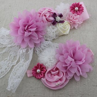 Handgemaakte Luxe Rose Garden Vintage Colorful Pink Ceintuur + bijpassende haarband