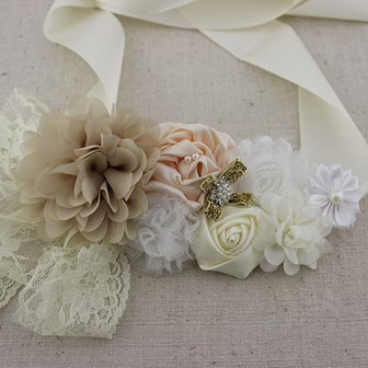 Handgemaakte Luxe Rose Garden Vintage White Cream Camel Ceintuur + bijpassende haarband