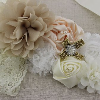 Handgemaakte Luxe Rose Garden Vintage White Cream Camel Ceintuur + bijpassende haarband