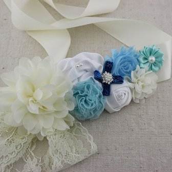 Handgemaakte Luxe Rose Garden Vintage Colorful Ivory White Blue Ceintuur + bijpassende haarband