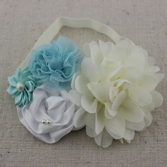 Handgemaakte Luxe Rose Garden Vintage Colorful Ivory White Blue Ceintuur + bijpassende haarband