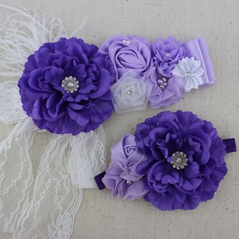 Handgemaakte Luxe Rose Garden Vintage Bigflower Purple Lavendel Ceintuur + bijpassende haarband