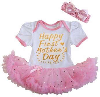 baby jurk romper Happy 1st Mother&#039;s Day Wit roze glitter