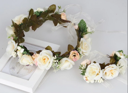 Bloemen kroon haarband set Creme pink roos  2delig