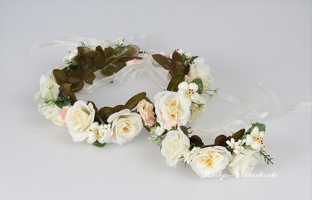 Bloemen kroon haarband set Creme pink roos  2delig