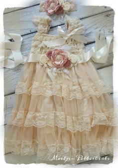 3 delige Pettidress Cream Luxe Vintage Flower Mauve met Riem &amp; haarband 