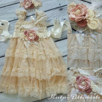 3 delige Pettidress Cream Luxe Vintage Flower Mauve met Riem &amp; haarband 