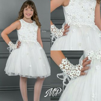 Feestjurk Luxe 8 layers tule &amp; handschoen Ivoor Creme 8 tot 12 jaar 