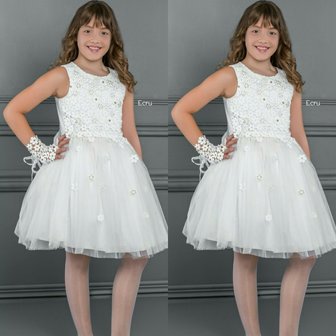 Feestjurk Luxe 8 layers tule &amp; handschoen Ivoor Creme 8 tot 12 jaar 