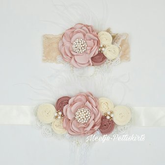 Couture extra luxe handgemaakte Luxe rosette Flower parel Dusty Pink light + bijpassende haarband