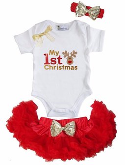 1e kerst Baby kerst petticoat + kerstromper 1e kerst Reindier 