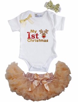 1e kerst Baby kerst petticoat + kerstromper 1e kerst Reindier  Goud 