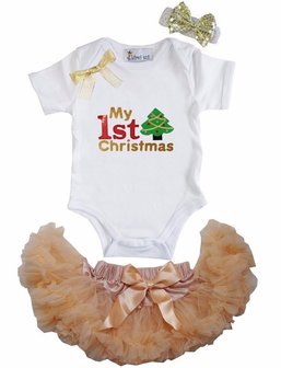 1e kerst Baby kerst petticoat + romper 1e kerst Kerstboom Goud 