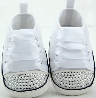 baby Sneaker glitter steen met zijden veter Wit