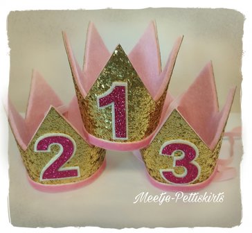Verjaardag kroontje 1, 2, &amp; 3 jaar Haarband Goud Hotpink cijfer