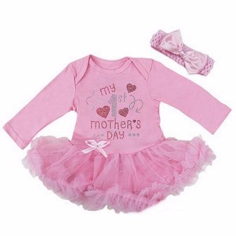 baby jurk romper My 1st  baby Mother&#039;s Day wit roze glitter