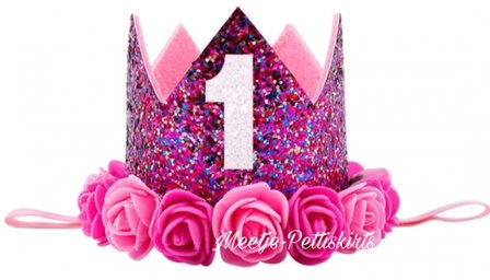 Verjaardag Hotpink Glitter Kroon Haarband Fuchsia roosjes nr 1