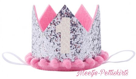 Verjaardag Zilver Glitter Kroon Haarband Roze bolletjes nr 1