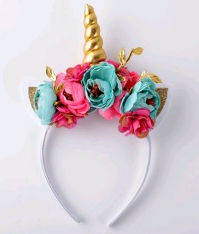 Unicorn diadeem luxe goud roze aqua bloem