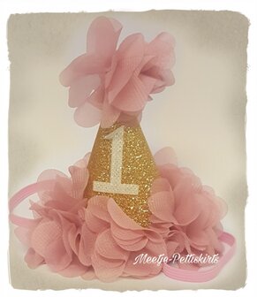 Verjaardag mutsje Vintage Dusty Pink Goud 1 jaar 
