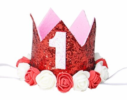 Verjaardag Rood Glitter Kroon Haarband roosjes Rood Wit 