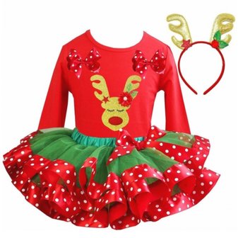 Kerstjurk Meisje green red stippel tutu set Rendier Funny Rood longsleeve + diadeem