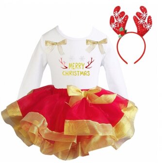 Kerstjurk Meisje Rood Goud tutu set Merry Christmas longsleeve + diadeem