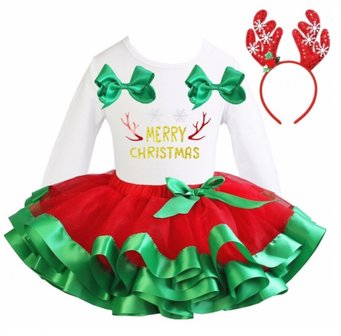 Kerstjurk Meisje Rood Groen tutu set Merry Christmas longsleeve + diadeem